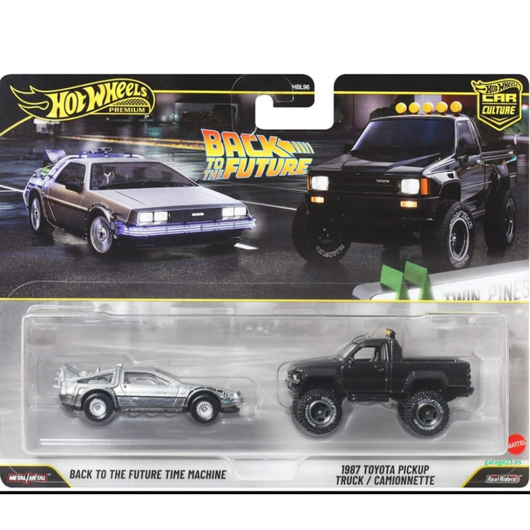 Hot Wheels Premium Duo 2 Pack Back To The Future Time Machine Vs 1987 Toyota Pickup Truck Camionntte Racing Car Regreso al Futuro JHW48