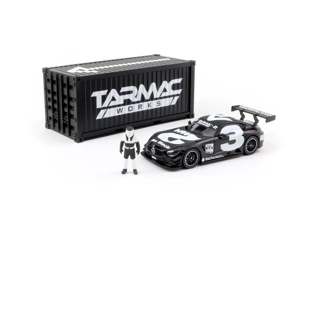 LIMITADA A 500 PIEZAS Tarmac Works Hobby64 1/64 Mercedes-AMG GT3 #3 con contenedor y figura en negro y blanco