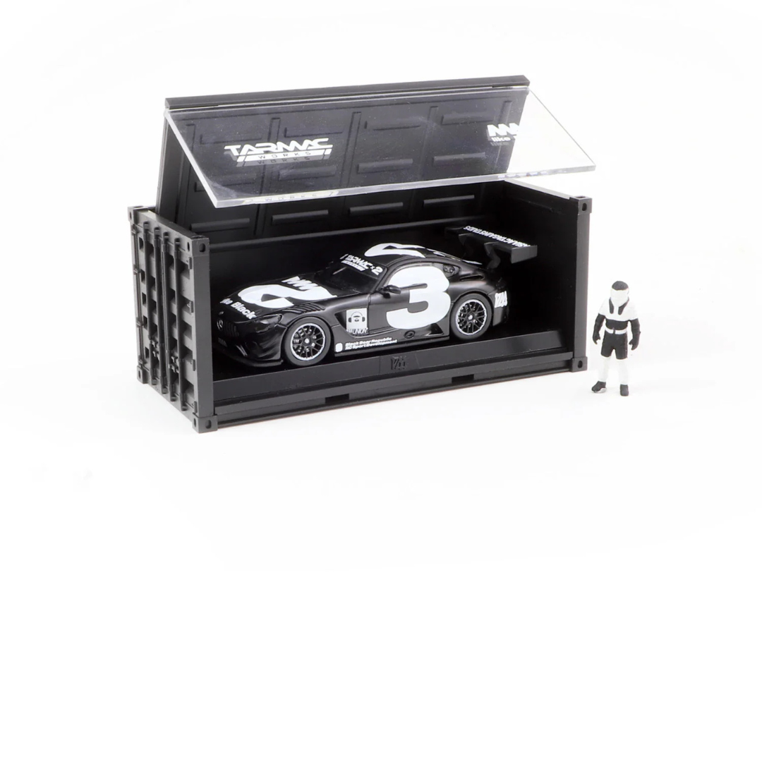 LIMITADA A 500 PIEZAS Tarmac Works Hobby64 1/64 Mercedes-AMG GT3 #3 con contenedor y figura en negro y blanco