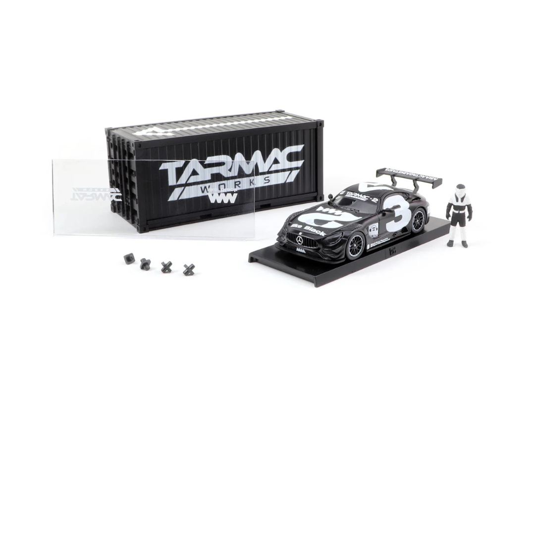LIMITADA A 500 PIEZAS Tarmac Works Hobby64 1/64 Mercedes-AMG GT3 #3 con contenedor y figura en negro y blanco
