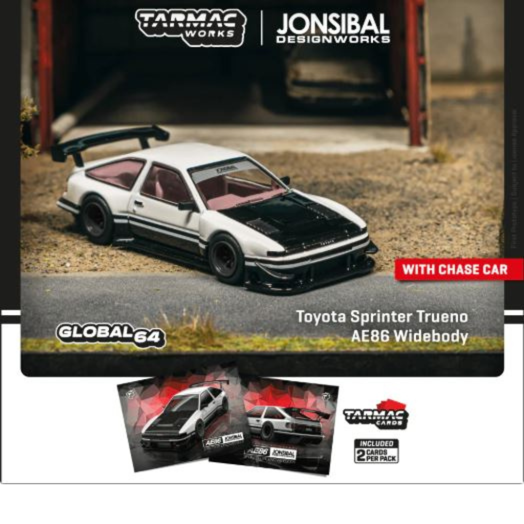 Tarmac Works Toyota Sprinter Trueno AE86 Widebody by Jon Sibal Incluye Cartas – White – MiJo Exclusives 1.64