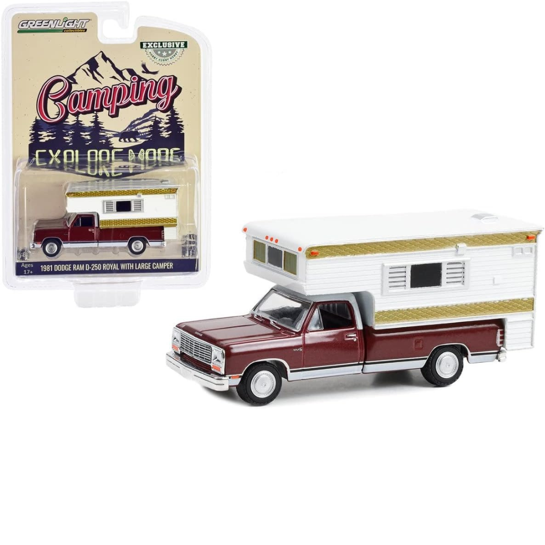 Greenlight Dodge Ram D250 Royal de 1981 con caravana grande - Rojo carmesí medio y blanco perla Exclusivo de Hobby - Fundición a escala 1/64