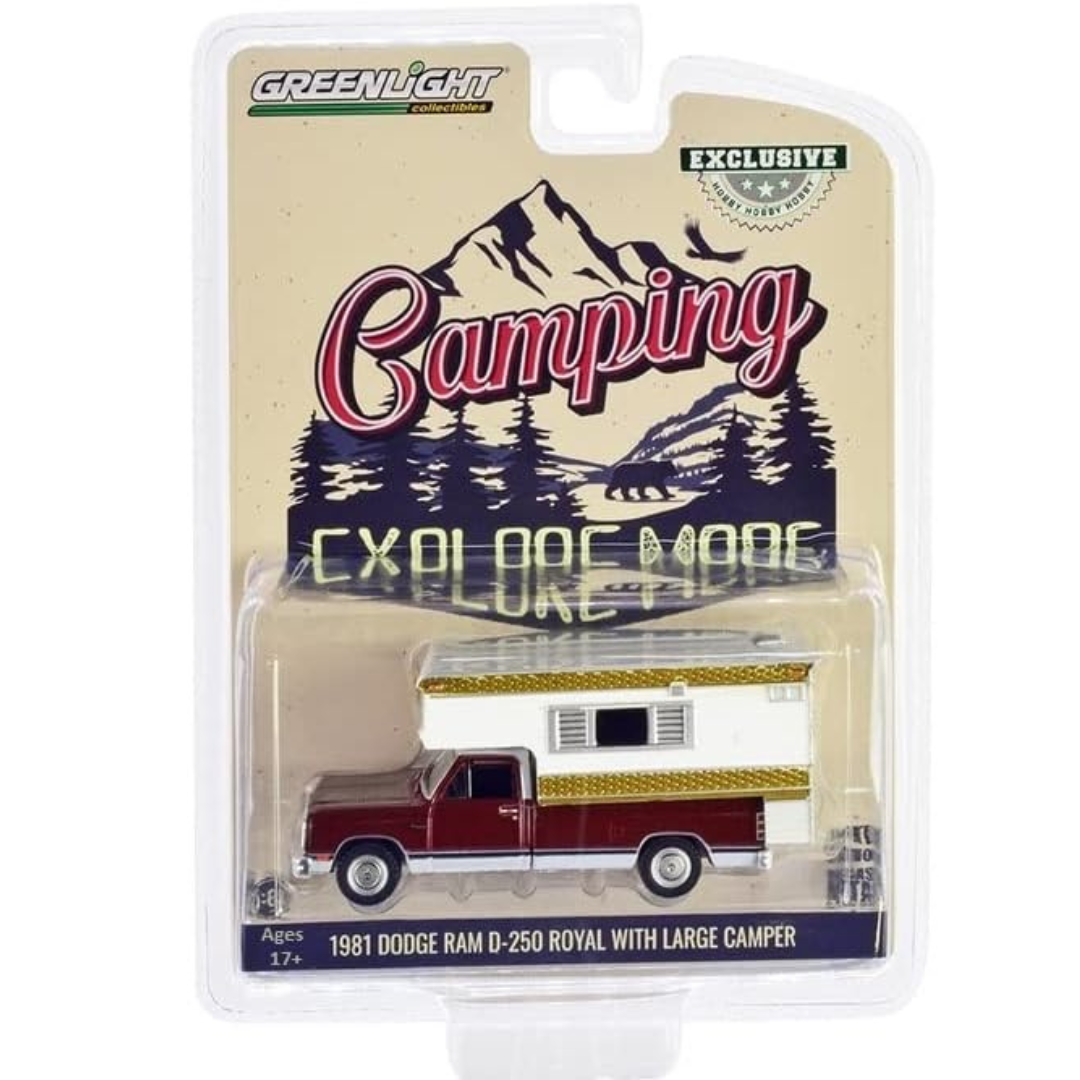 Greenlight Dodge Ram D250 Royal de 1981 con caravana grande - Rojo carmesí medio y blanco perla Exclusivo de Hobby - Fundición a escala 1/64