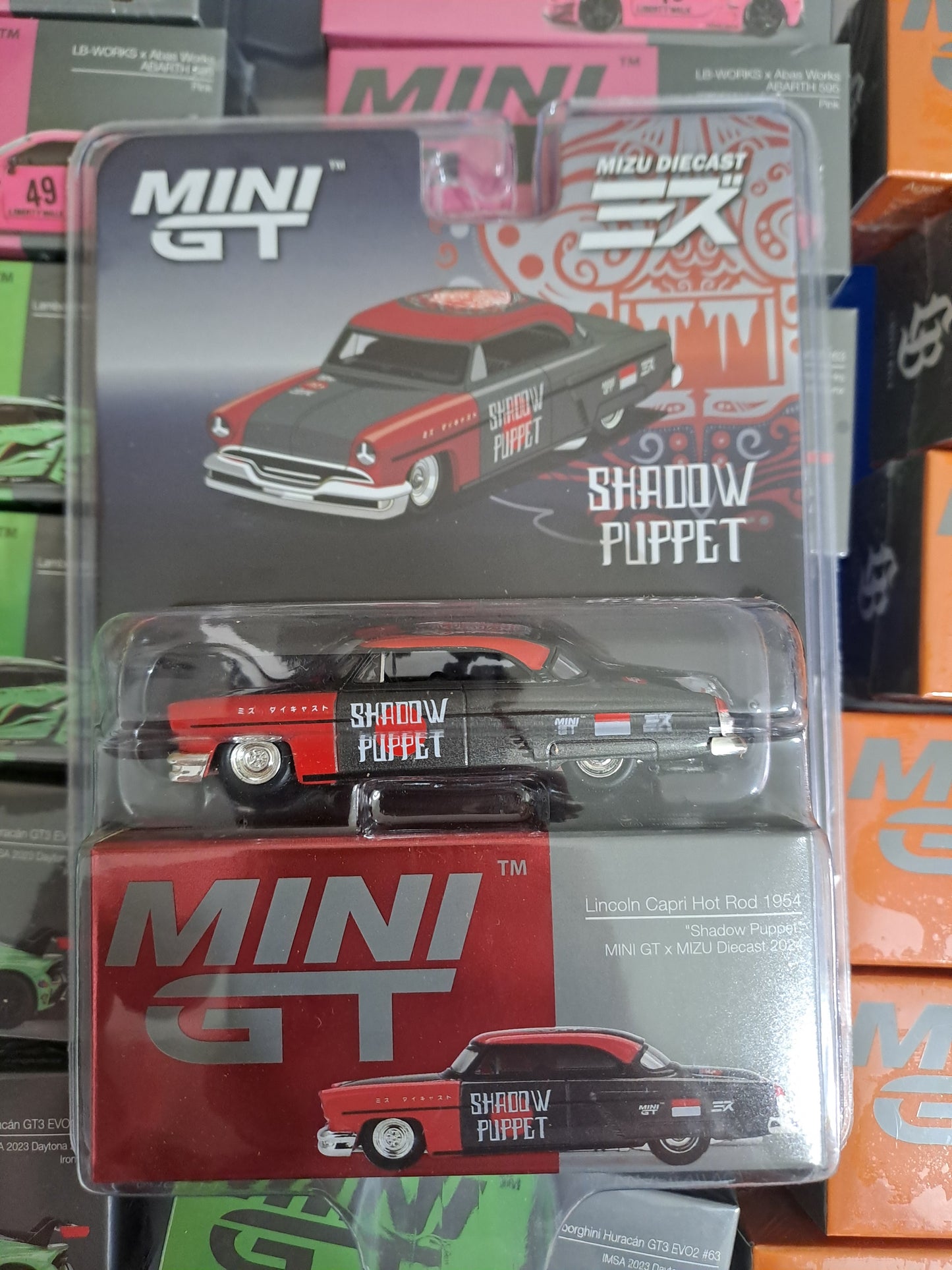 VERSION BLISTER * Mini gt Lincoln Capri Hot Rod de 1954, "Marioneta de la Sombra", MINI GT x MIZU, fundición a presión, 2024 # 874