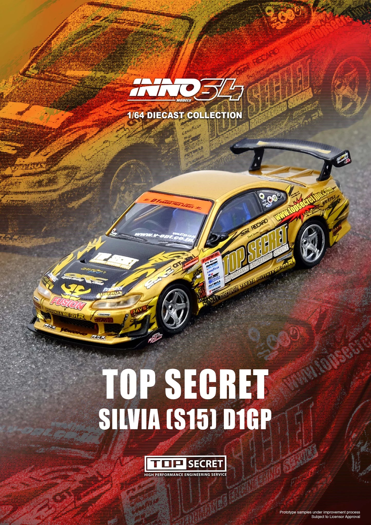 *** PREORDER *** LLEGADA APROX FINALES 2026 ** PUEDE SUFRIR RETRASOS *** INNO64 2004 TOP SECRET Silvia S15 D1 Grand Prix Series Champion Gold