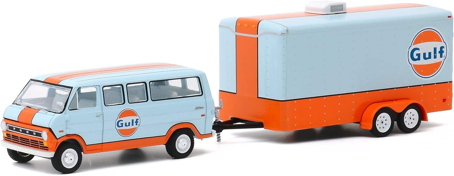 GreenLight 1/64 1972 Ford Club Wagon Gulf Oil with Enclosed Car Hauler Hitch & Tow Series 20