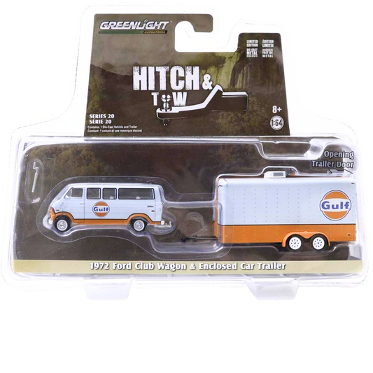 GreenLight 1/64 1972 Ford Club Wagon Gulf Oil with Enclosed Car Hauler Hitch & Tow Series 20