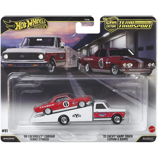 Hot Wheels Premium Team Transport 91 - Chevrolet Corvair Yenko Stinger '66 y camión con rampa Chevy '72