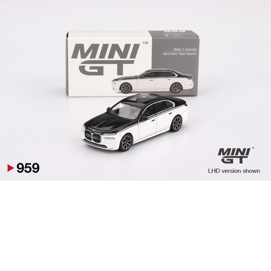 MINI GT BMW I7 XDRIVE60 ALPINE WHITE - BLACK SAPPHIRE 2024 # 959