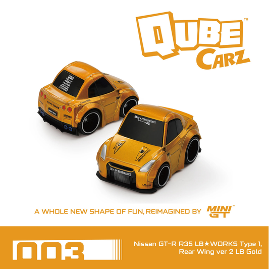 MINI GT Qube Carz Nissan GTR R35 LB Works Type 1, LBWK Gold (Blister) # 003 QZ00301