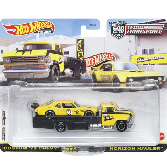 ** PIEZA EXCLUSIVA DEL EVENTO HOT WHEELS LEGENDS ** - TEAM TRANSPORT CUSTOM CHEVROLET NOVA & HORIZON HAULER