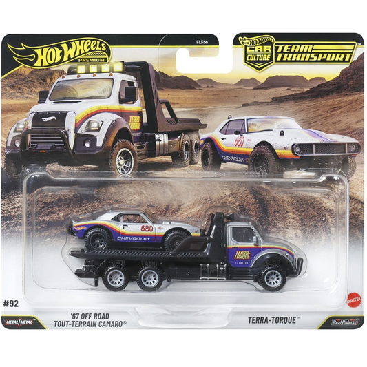 Hot Wheels Premium Team Transport 1967 Off Road Camaro + Off road Murica Flat Bed # 92 Ref 978L