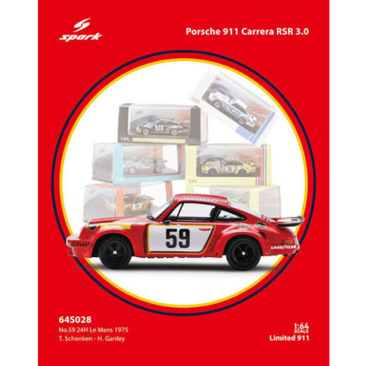 Spark 1/64 1975 Porsche 911 Carrera RSR 3.0 #59 T.Schenken /H.Ganley 24H Le Mans Rojo