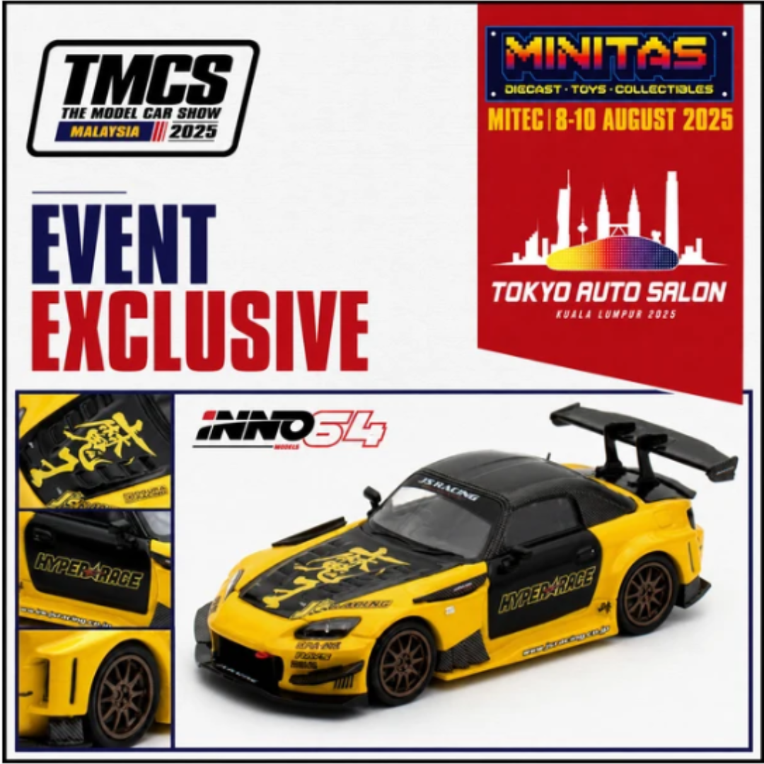Inno64 Honda S2000 J`S Racing Yellow Black ** Pieza Exclusiva Evento Malasia IN64-S2000JS-TASKL25