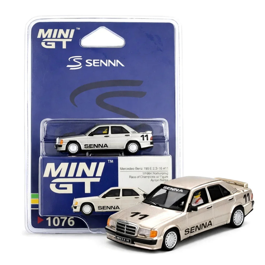 MINI GT MERCEDES BENZ 190E 2.3-16 #11 AYRTON SENNA W/ FIGURE RACE OF CHAMPIONS 1984 # 1076