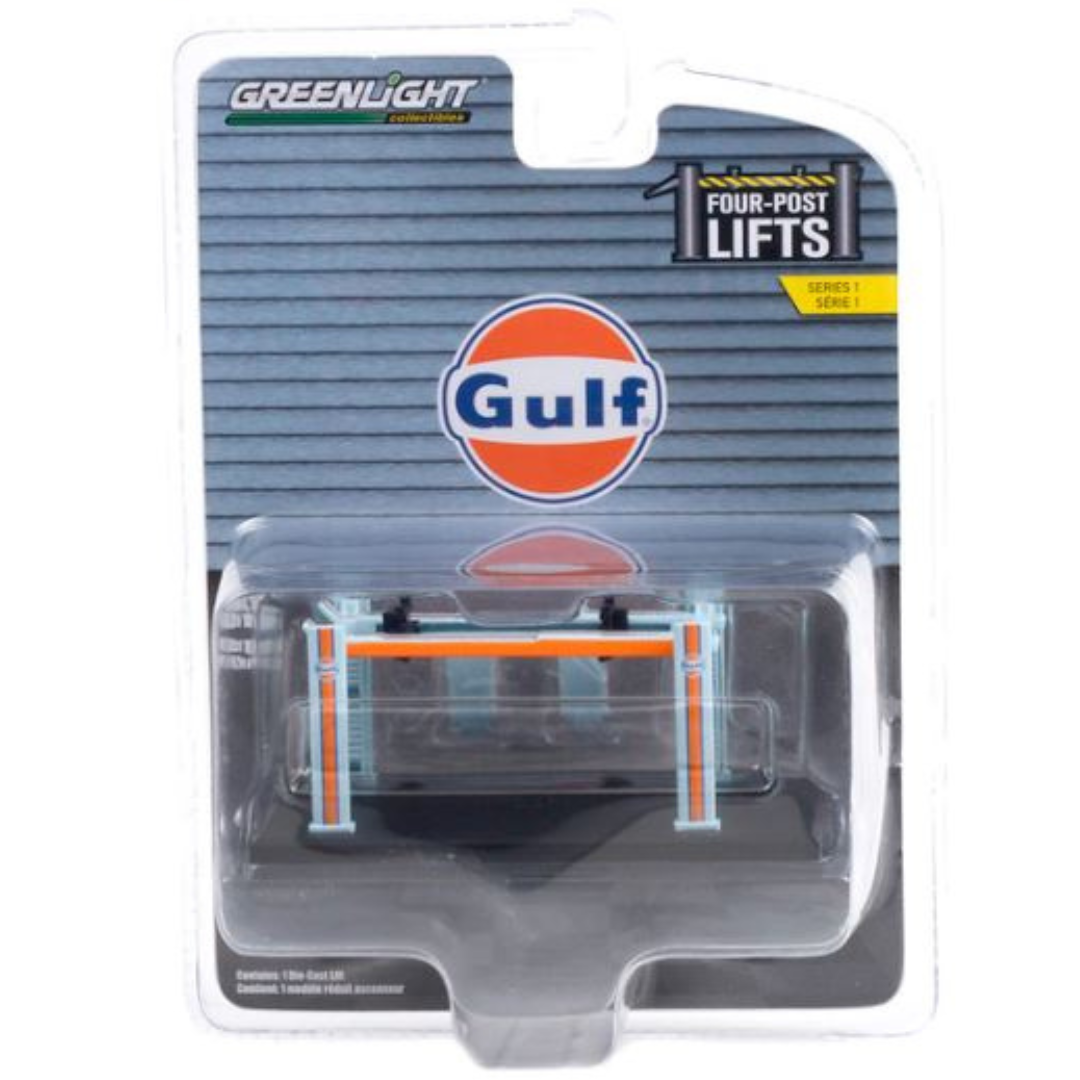 GreenLight 1/64 Gulf Oil Four-Post Lift Series 1* Auto Body Shop, light Taller y materiales