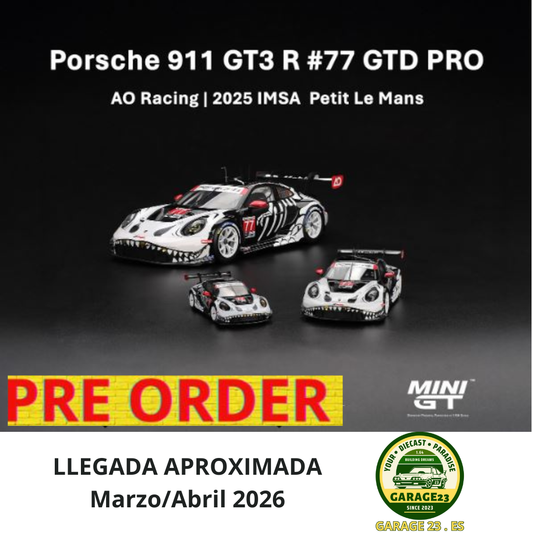 ***PRE ORDER*** LLEGADA APROXIMADA MARZO/ABRIL*** MINI GT ¨SKELETON¨ PORSCHE 911 2025 (992)  GT3 R #77 GTD PRO AO Racing Petit Le Mans IMSA REXY # 1143
