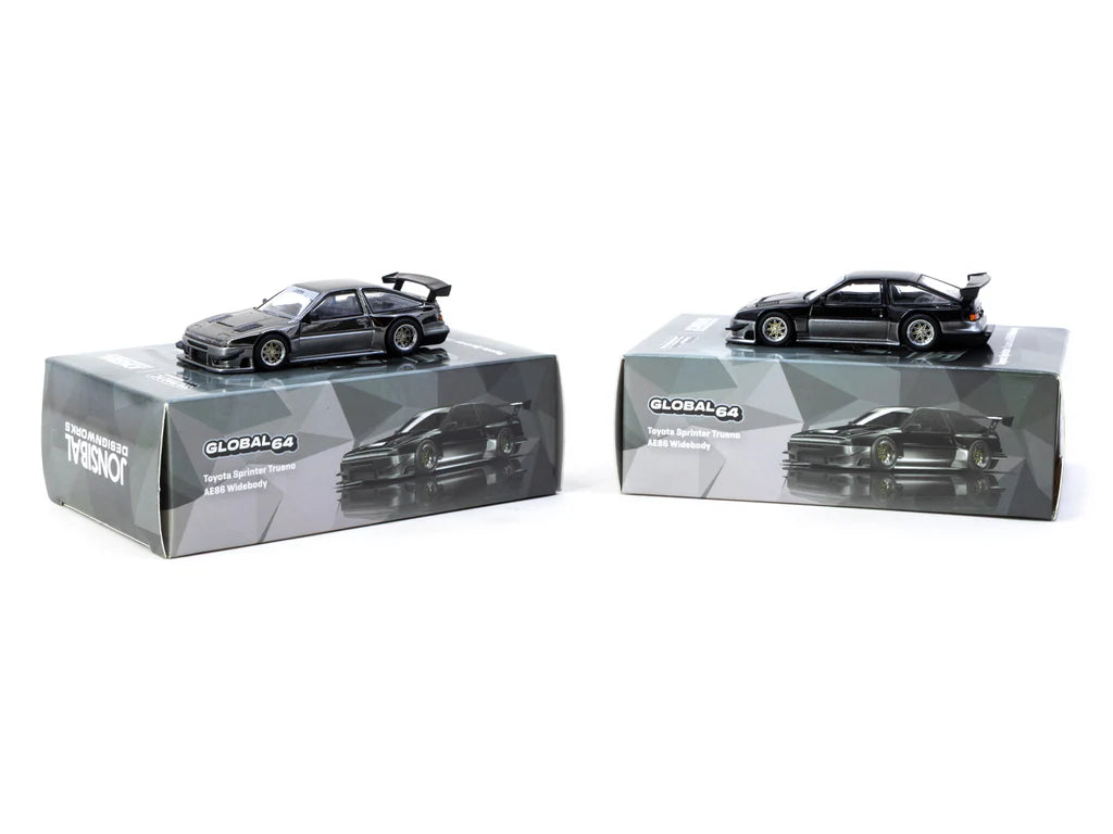 Tarmac Works Toyota Sprinter Trueno AE86 Widebody Negro/Gris 1/64 - Diseño de Jon Sibal - Edición especial de Malasia - GLOBAL64