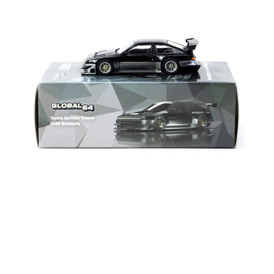 Tarmac Works Toyota Sprinter Trueno AE86 Widebody Negro/Gris 1/64 - Diseño de Jon Sibal - Edición especial de Malasia - GLOBAL64