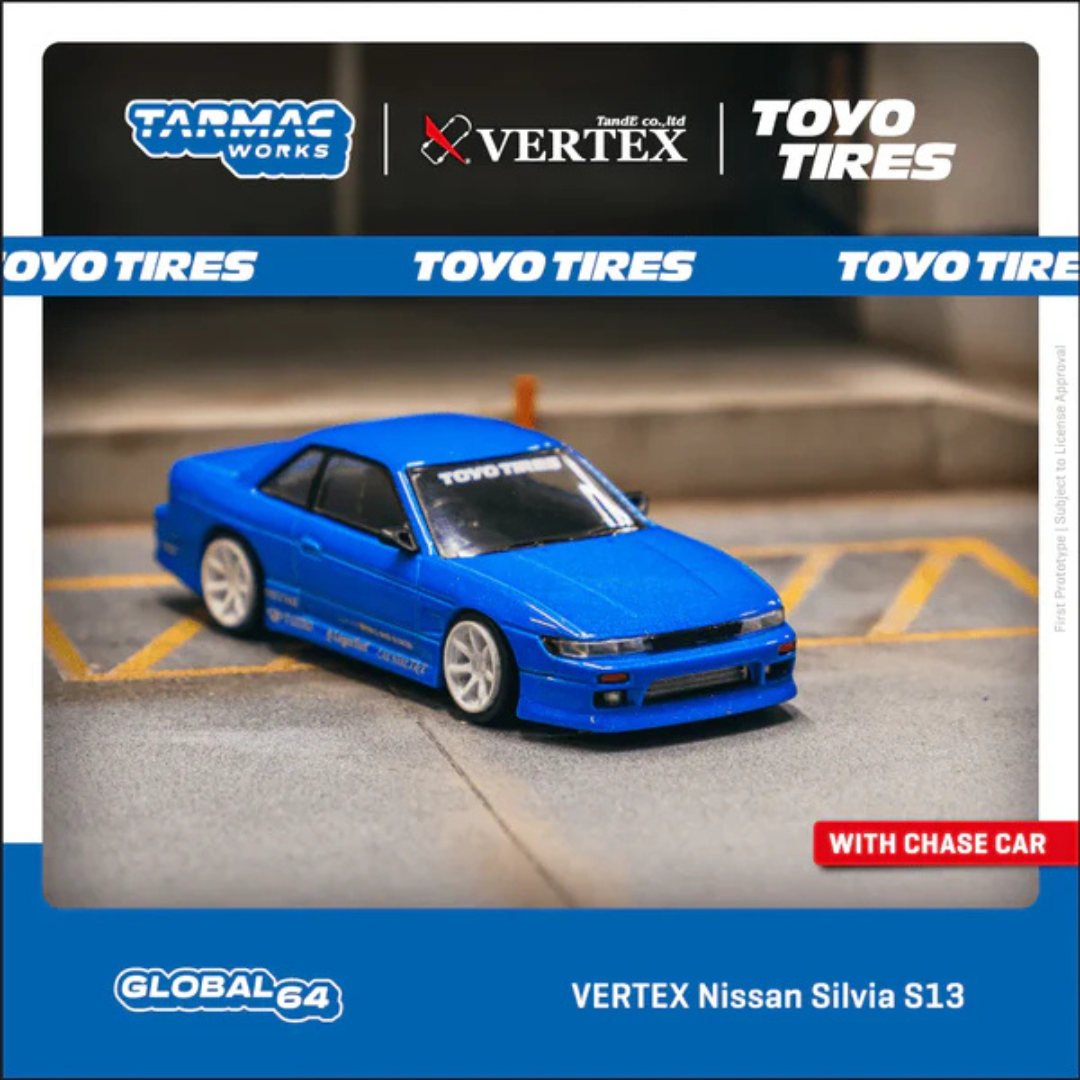 *** VERSION BLISTER *** Tarmac Works 1/64 VERTEX Nissan Silvia S13 TOYO TIRES – Azul metálico