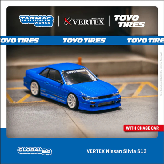 *** VERSION BLISTER *** Tarmac Works 1/64 VERTEX Nissan Silvia S13 TOYO TIRES – Azul metálico
