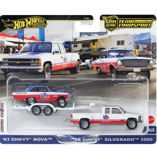 Hot Wheels Premium Team Transport 1988 Chevrolet Silverado 3500 & 1963 Chevrolet Nova on a Trailer #68