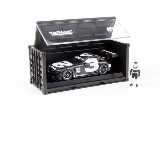 LIMITADA A 500 PIEZAS Tarmac Works Hobby64 1/64 Mercedes-AMG GT3 #3 con contenedor y figura en negro y blanco