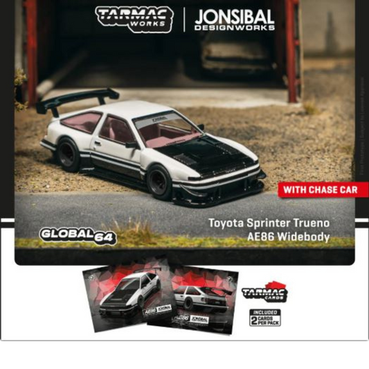 Tarmac Works Toyota Sprinter Trueno AE86 Widebody by Jon Sibal  Incluye Cartas – White – MiJo Exclusives 1.64