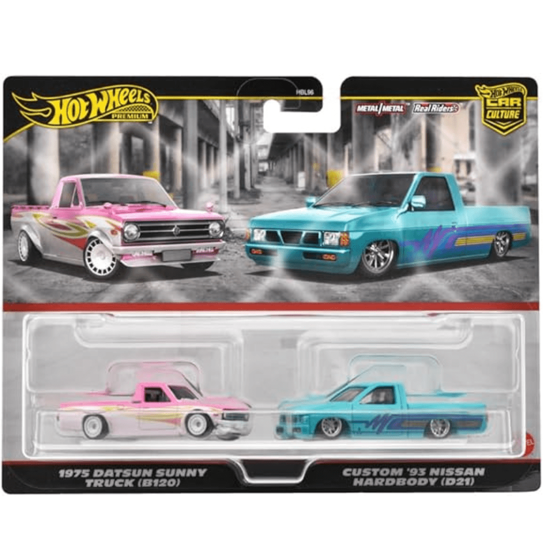 Hot Wheels Duo Premium Paquete de 2 1975 Datsun Sunny Truck (B120) / Custom '93 Nissan Hardbody (D21) Multi HRR78 - Garage23