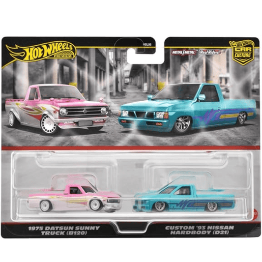 Hot Wheels Duo Premium Paquete de 2 1975 Datsun Sunny Truck (B120) / Custom '93 Nissan Hardbody (D21) Multi HRR78 - Garage23