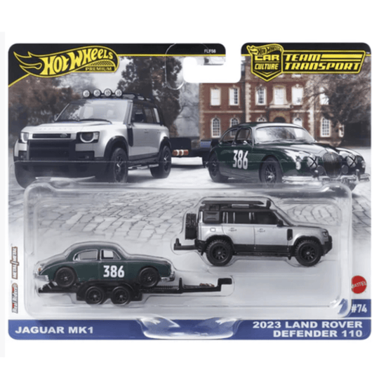 Hot Wheels Team Transport Jaguar MK1 y Land Rover Defender 110 2023 1:64 #74 Premium - Garage23